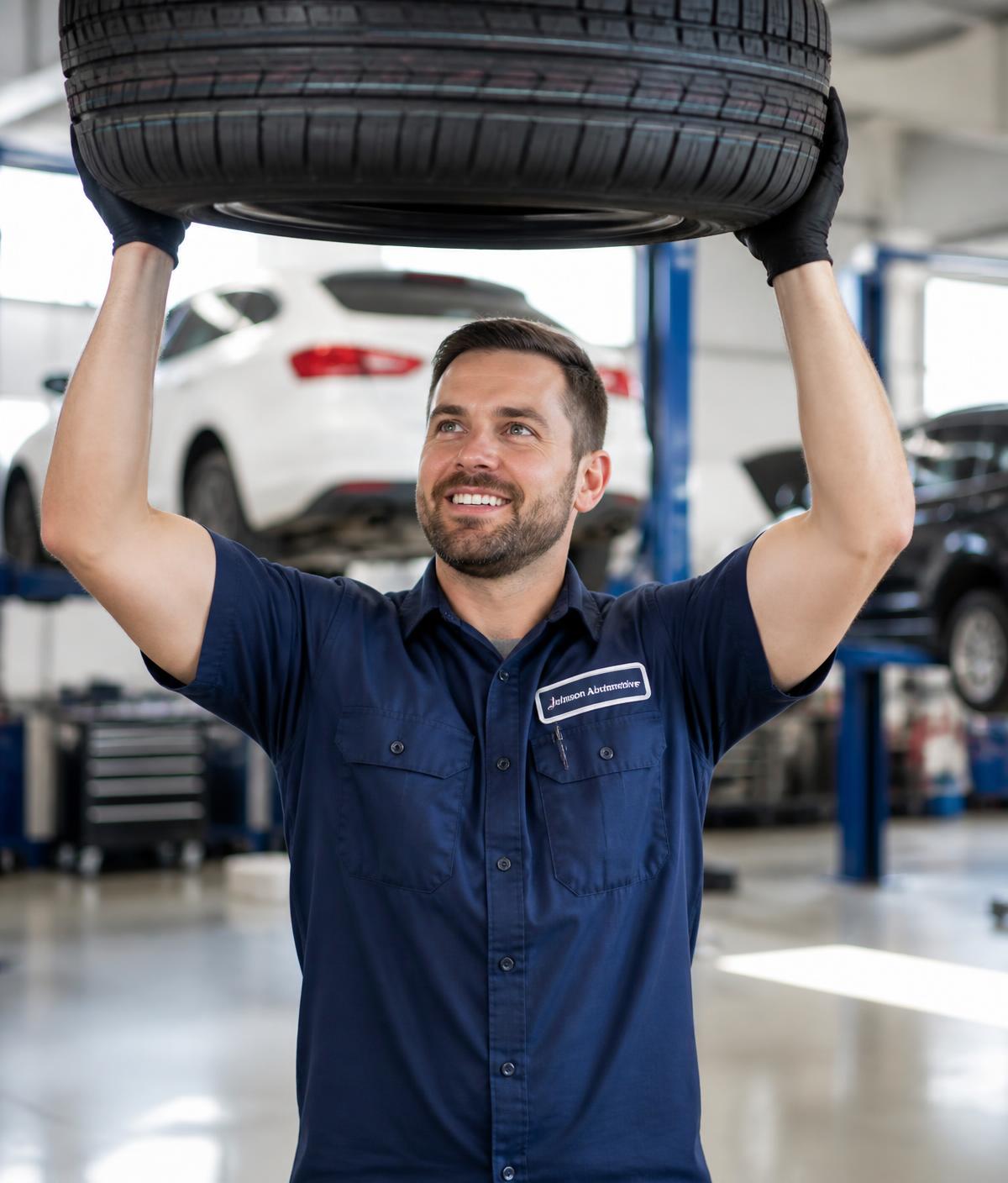Professional mechanic working on a car in a well-lit auto repair shop