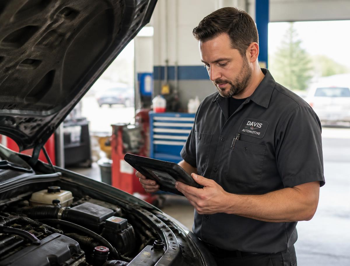Technician running diagnostics on a vehicle engine